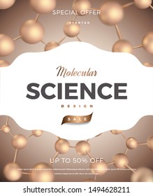 Science abstract vector vertical design with DNA molecular structure. Soft pink color 3d molecules luxury illustration, scientific flyer for medicine, biology, cosmetics template