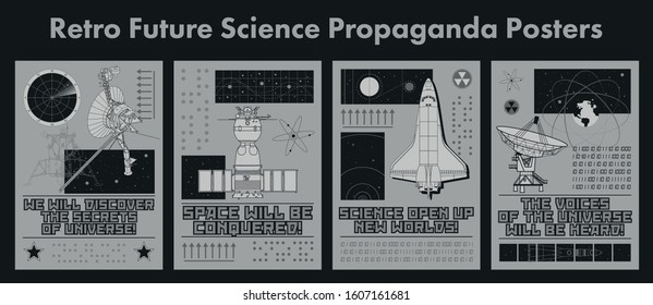 Science and Aerospace Propaganda Posters, Retro Sci Fi Illustrations, Monochrome Style 