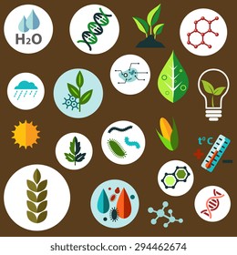 Iconos planos de investigación científica y agronómica con cultivos agrícolas, fórmulas químicas, plagas, modelos de ADN y células, símbolos de control del tiempo, sol, agua y temperatura