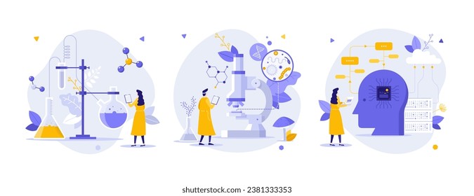 Se han establecido ilustraciones vectoriales de concepto plano de la tecnología de la ciencia y la IA. Investigación química con composición de caricaturas de red digital. Futuro de las pruebas científicas idea creativa para el sitio web, presentación