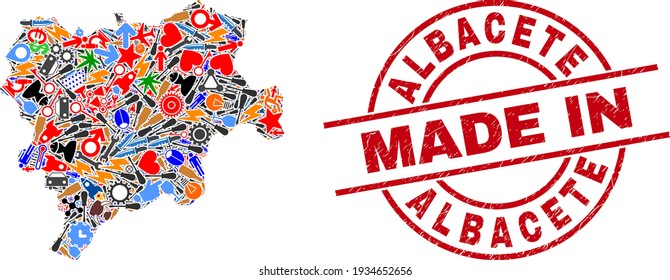 Science Albacete Province map mosaic and MADE IN textured rubber stamp. Albacete Province map collage created from wrenches, gearwheels, instruments, aviation symbols, transports, power strikes,