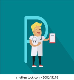 Science alphabet. Letter - P. Scientists medic with stethoscope and tablet. Simple colored letters and scientist character. Scientific research, science lab, science test, technology illustration