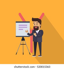 Science alphabet. Letter - Y. Scientists in business suit make a presentation. Simple colored letters and scientist character. Scientific research, science lab, science test, technology illustration.