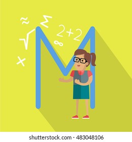 Science alphabet vector concept. Flat style. ABC element. Female character in glasses surrounded mathematical symbols, letter M behind. Educational glossary. On yellow background with shadow  