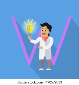 Science alphabet vector concept. Flat style. ABC element. Scientist man in white gown standing with electric bulb in hand, letter W behind. Educational glossary. On blue background with shadow  