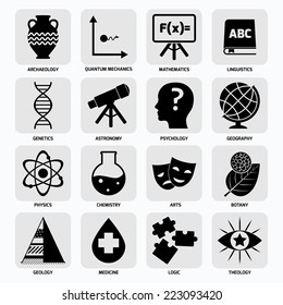 Science Areas Black Icons Set With Archaeology Quantum Mechanics Mathematics Isolated Vector Illustration