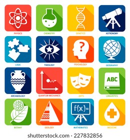 Science areas flat icons set with physics chemistry genetics isolated vector illustration