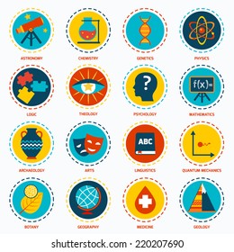 Science areas icons set with astronomy chemistry genetics isolated vector illustration