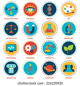 Science areas icons set with molecular physics philosophy genetics art isolated vector illustration