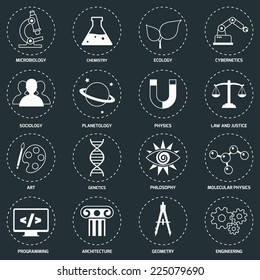 Science areas icons white set with microbiology chemistry ecology cybernetics isolated vector illustration