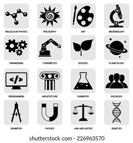 Science areas icons white set with molecular physics philosophy art microbiology isolated vector illustration