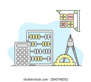 Science and Arithmetic Study with Counting Frame and Calculator Vector Line Illustration