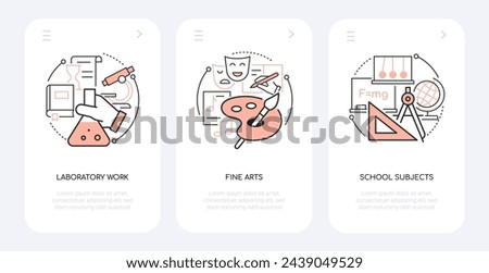 Science and art - line design style banners set with place for text. Laboratory work, flask and microscope, painting, theater and music, mathematics, physics and geometry. School subjects idea