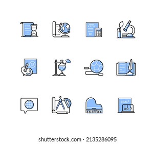 Science And Art - Modern Line Design Style Icons Set With Editable Stroke. Mathematics, Chemistry, Biology, Drawing, Sports, Literature, Microscope, Calculator, Music, Geometry. Exact And Humanities