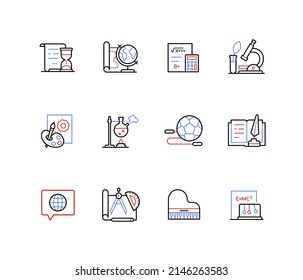 Science And Art Studying - Line Design Style Icons Set With Editable Stroke. Education, Learning. Geography, Mathematics, Geometry, Chemical Experiments, Sports, Literature And Writing, Music, Physics