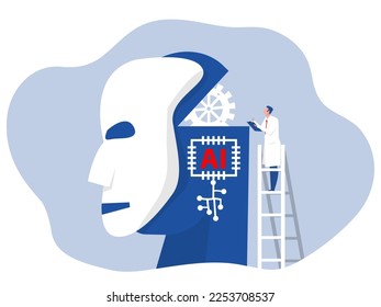Tecnología de la ciencia y la inteligencia artificial, futurista, IA, ingeniería con la innovación de robots de cabeza humana Ilustrador de vectores de ciencia