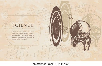 Science. Astronaut and black hole. Symbol of knowledge, studying universe. Renaissance background. Medieval manuscript, engraving art 