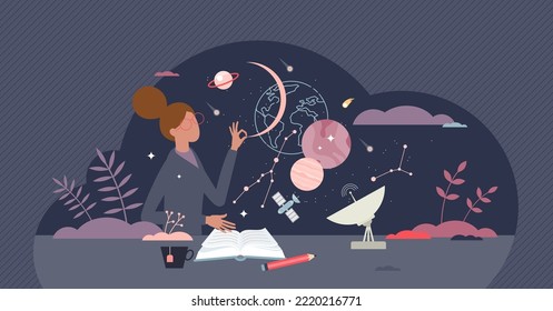 Science of astronomy and cosmos or stars laws research tiny person concept. Knowledge about galaxy and planetary celestial objects vector illustration. Scientist with knowledge or scientific education