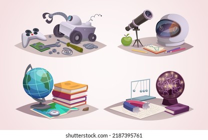 Science. Astronomy geography biology education elements pencils notebook mathematic symbols exact vector cartoon pictures