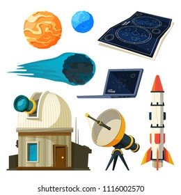 Science astronomy pictures set. Various vector symbols of astronomy. Asteroid and cosmic map sky illustration