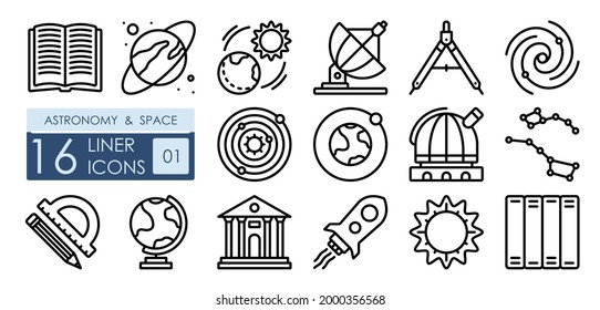 science astronomy and space exploration. Rocket for flights to moon, spiral galaxy, observatory and radio telescope. Set of simple linear icons