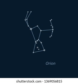 Science astronomy, star chart on deep blue background. Orion constellation. Vector illustration. 