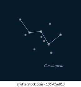 Science astronomy, star chart on deep blue background. Cassiopeia constellation. Vector illustration.