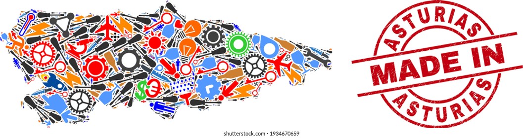 Science Asturias Province map mosaic and MADE IN scratched rubber stamp. Asturias Province map collage designed from wrenches, cogs, instruments, air planes, cars, power strikes, helmets.
