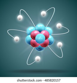 Science atom chain in white blue and red colors on dark green background with shadow 3d vector illustration