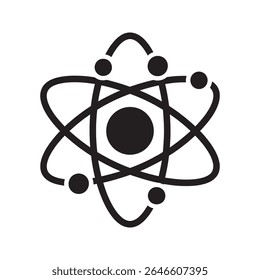 Ícone de átomo de ciência representando a física e a pesquisa química com um núcleo e elétrons em órbita para um conceito de tecnologia molecular vetor ícone de glifo sólido