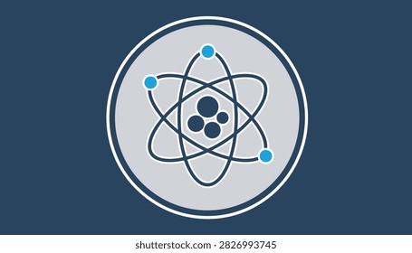 Science atom icon showing electrons orbiting a central subatomic nucleus inside a light grey circle on a blue background.