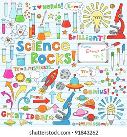 Science Back to School Notebook Doodles Vector Illustration Design Elements Chemestry Physics Icon Set with microscope, molecules, atoms, beakers, light bulb, rocket, and more