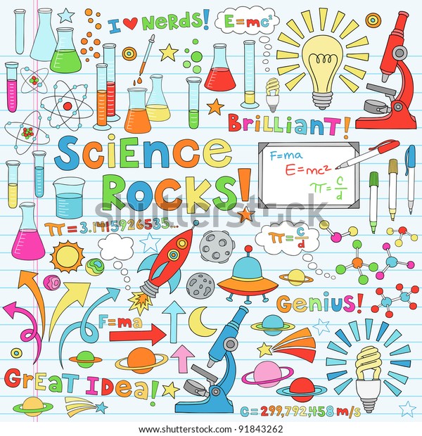 科学に戻る学校のノートパソコンの落書きベクターイラストデザインエレメント化学 物理アイコンセット顕微鏡 分子 原子 ビーカー 電球 ロケットなど のベクター画像素材 ロイヤリティフリー