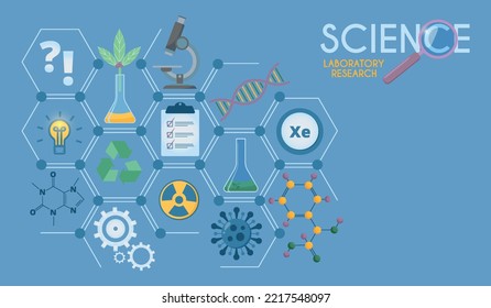 Wissenschaftshintergrund auf Blau. Hexagon frame.Laborforschung. Konzept für Landing-Seiten zum Thema Wissenschaft, Lernen, Bildung. Vektorgrafik. Chemie, Biologie, Physik