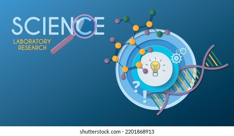 Antecedentes científicos en azul. Investigación de laboratorio. Concepto para la presentación de páginas sobre el tema de la ciencia, el aprendizaje, la educación. Ilustración vectorial en el estilo de corte de papel. Química, biología, física.