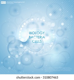 Science background with cells HUD. Blue cell background. Life and biology, medicine scientific, bacteria, molecular research DNA.  Vector illustration 10eps.