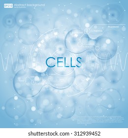 Science background with cells HUD. Blue cell background. Life and biology, medicine scientific, bacteria, molecular research DNA.  Vector illustration 10eps.