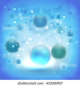 Antecedentes científicos con células HUD. Fondo de la celda azul. Vida y biología, medicina científica, bacterias, investigación molecular ADN. Ilustración vectorial 10eps.