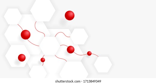 Science background. Hexagons and dynamic red spheres on white background. Abstract molecular structure. Molecular wallpaper. Vector illustration geometric shapes. Horizontal white banner. Stock.