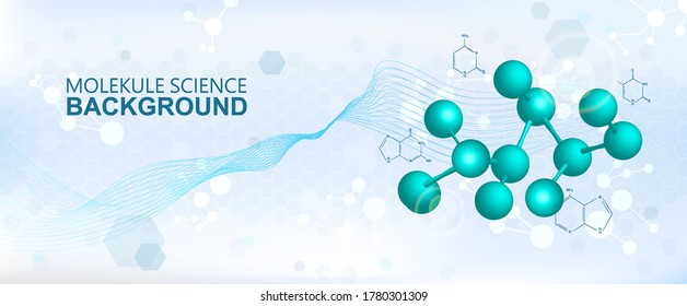 Science background. Molecular structure banner with 3D formula molecules. Healthcare Hi-tech technology concept. Model atom, dna chain and formula. Scientific-medical banner. Vector chemistry image