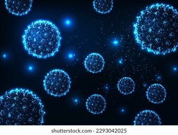 Science background with pollen particles, viruses or cells under microscope in futuristic glowing low polygonal style on dark blue background. Modern abstract connection design vector illustration.