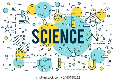 Science background. Research outline icons. Biotechnology and medical elements. Linear dna concept STEM line vector design Website Banner