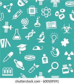Science, background, seamless, blue-green, vector. White flat icons on a blue-green field. Different types of scientific activities. Monochrome background. 