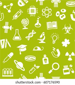 Science, background, seamless, light green, vector. White flat icons on a light green field. Different types of scientific activities. Colored, flat background. 