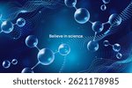 Science background. Tech neon banner with molecules, biological blue cells and blur particles effect. Futuristic microbiology poster. Design element for website. Realistic 3D vector illustration