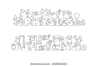 Science background with word Physics, lab and scientists. Concept of school education, experiments, research with doodle people with magnet, laboratory equipment, vector hand drawn illustration
