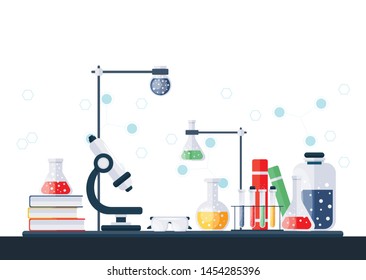 Cartel de ciencia. Ilustración del vector de laboratorio químico. Iconos de química