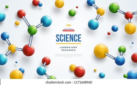 Science banner with colorful 3d molecules on white background. Vector illustration.