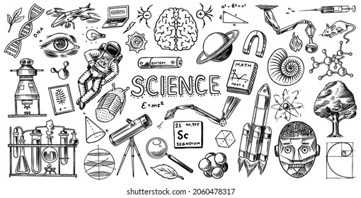 Science banner  Engraved hand drawn in old sketch   vintage style  Astronaut   rocket  Scientific formulas   calculations in physics   mathematics   biology astronomy whiteboard 
