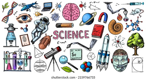 Science banner. Engraved hand drawn in old sketch and vintage style. Astronaut and rocket. Scientific formulas and calculations in physics and mathematics and biology or astronomy on whiteboard.